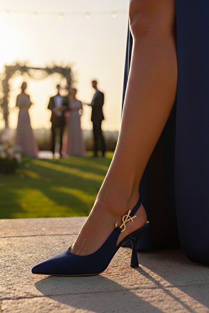 Moira Shoes Women's Navy Blue Fabric Gold Buckle Goblet Heeled Open Back Evening  Dress Shoes (Size 41-42)- Trendyol
