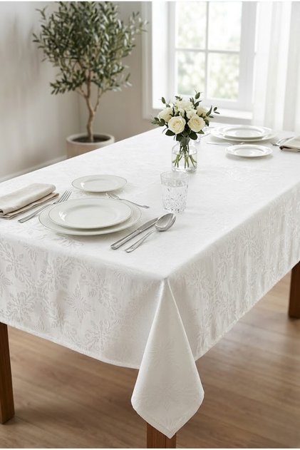 Off-White Patterned Tablecloth Jacquard Fabric Stain-Resistant Stylish Tablecloth