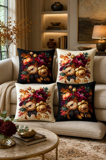 Black Cream Background with Floral Pattern 4-Piece Luxury Throw Pillow Cover Set Floral Decorative Pillow