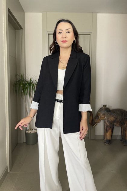 Belted Linen Striped Lined Blazer Jacket