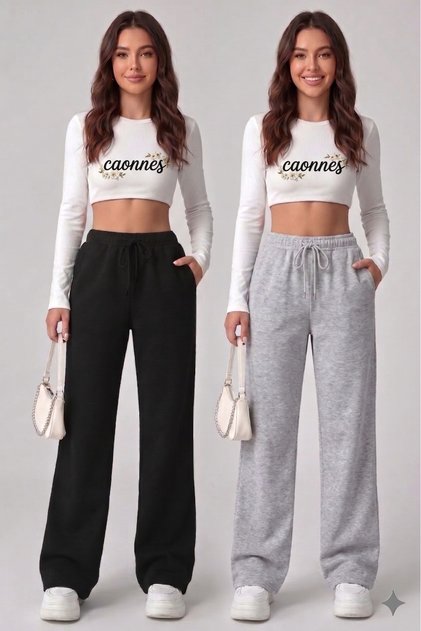 Women's 2-Piece Sweatpants - Black - Gray - Oversize Comfortable Casual Daily Sweatpants with Adjustable Waist and Washable Fabric