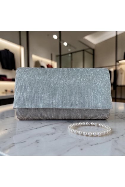 Evening Dress Silver Color Glittery Stylish Mini Clutch Bag Portfolio Evening Bag Long Chain