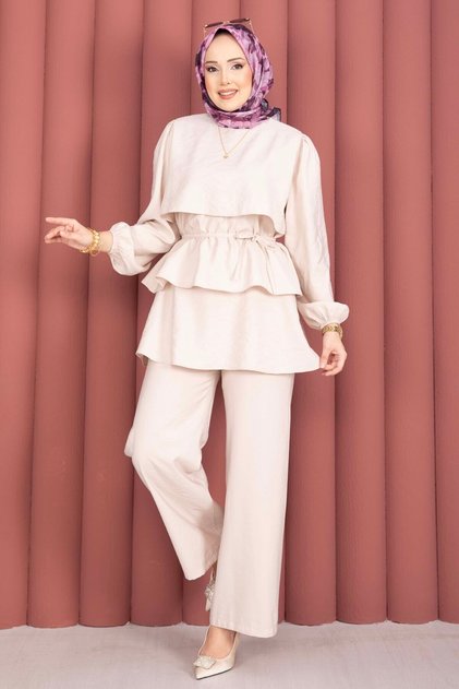 Layered Lace Detailed Double Hijab Set Beige