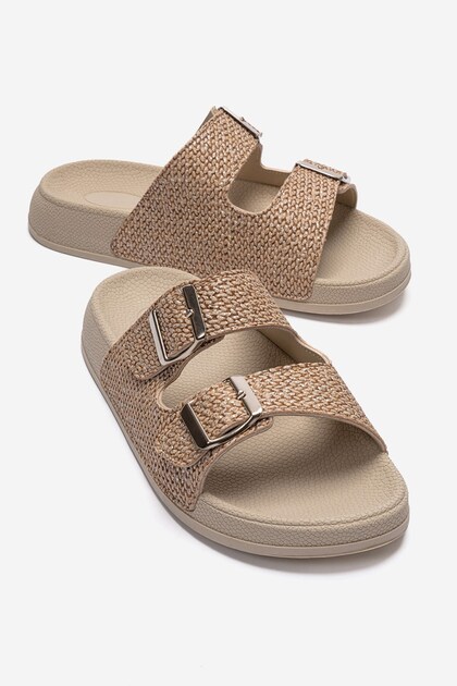Women's Straw Double Buckle Slippers Beige