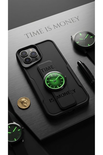 كفر جوال "Time is Money" مع مسكة خلفية مدمجة وساعة عقارب مضيئة ايفون 14