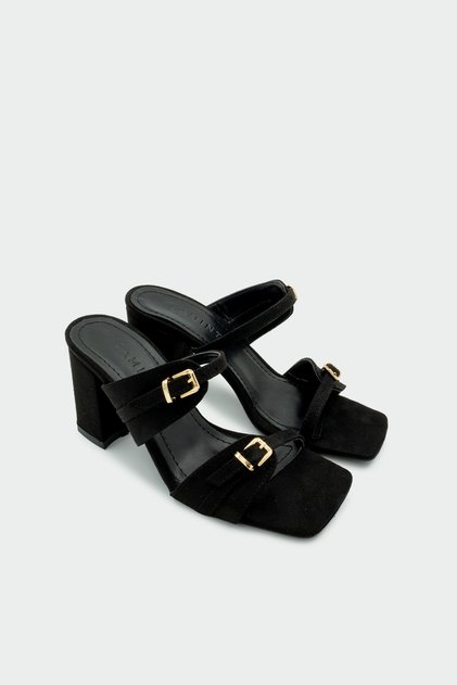 Jodie Buckle Detailed Women's Black Heeled Slippers