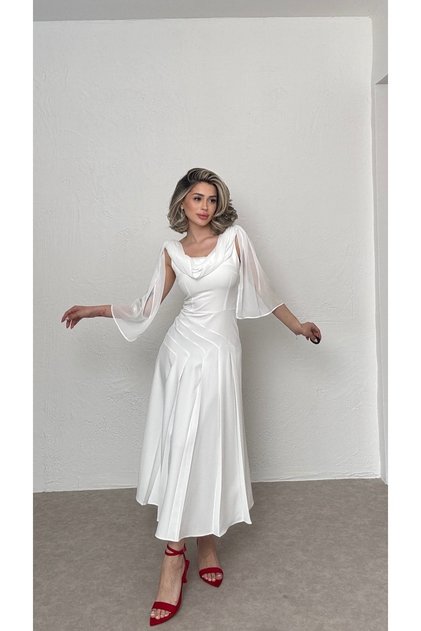 Şifon Şallı Midi Elbise