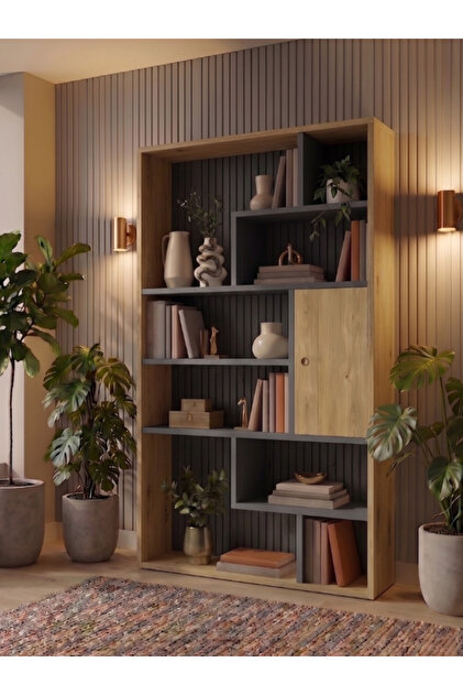 Premium MDF Vera Modern Kitaplık - Ahşap Antrasit Detaylı Dekoratif Raf Ünitesi Ofis ve Ev Kitaplığı