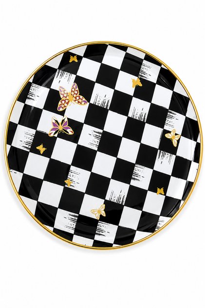 Real Gold Gilded Glass Cake Plate 21 cm Black and White Checkered Pattern Set for 1 Person