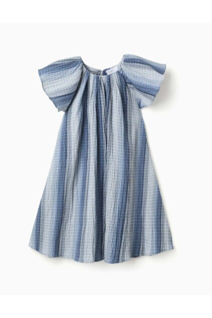 A Line Cotton DreWith Butterfly Sleeves For Girls Blue