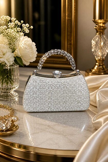 dressing bags for ladies with price ZEYYMODA Pearl Beaded Shiny Stone Bridal Bag Wedding Bag Women's Shoulder Bag Evening Dress Bag PLAYDAYMAY2602
