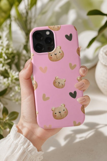 iPhone 15 Pro Max Compatible Launch Silicone Teddy Bear Pattern Shock-Absorbing Case Pink