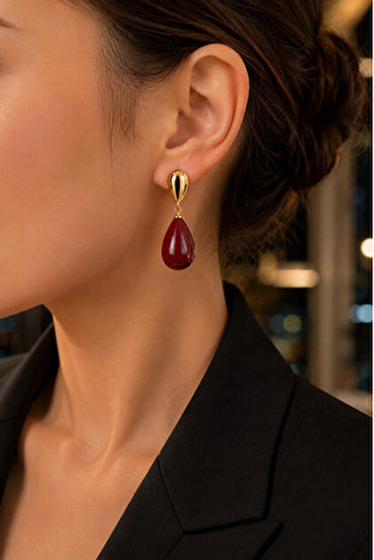 POYASE Burgundy Stone Drop Earrings Gold Color Plated Stylish Long Earrings-  Trendyol