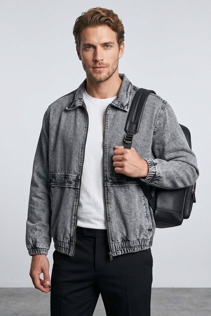 Zippered Polo Collar Oversize Denim Jacket