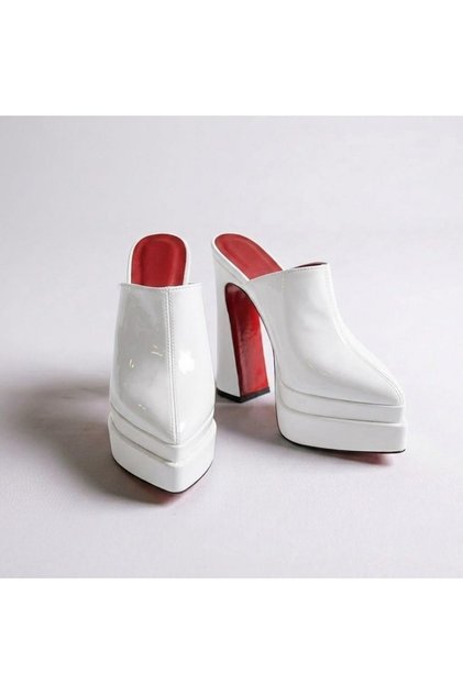 Sortil White Patent Leather Double Platform Design Closed Toe Women's Slippers High Heeled Shoes