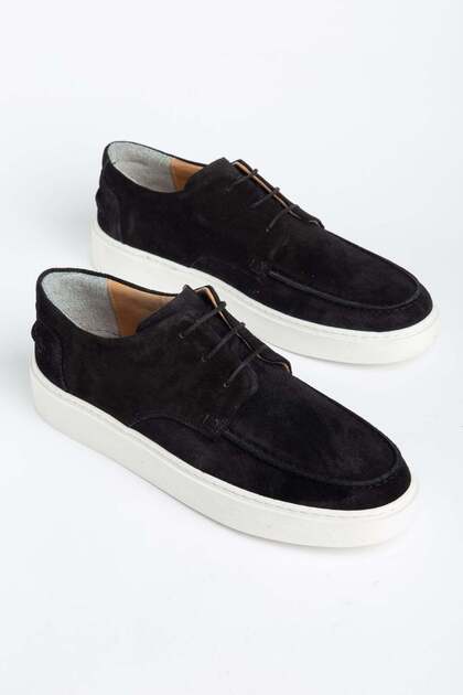 Genuine Leather Suede Men's Casual Shoes Black White Sole with 3 Tied Straps