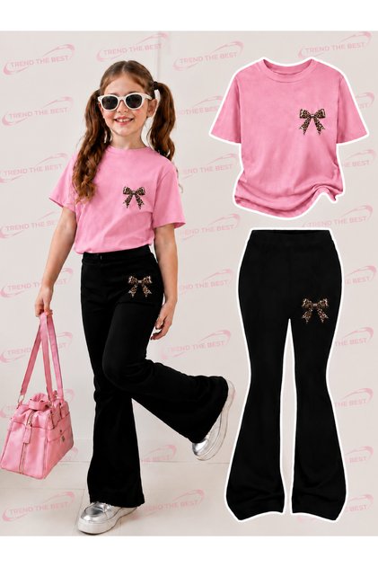 Summer Black Spanish Flared Pants and T-Shirt, Children's Girl's Set with Small Leopard Pattern Print Design