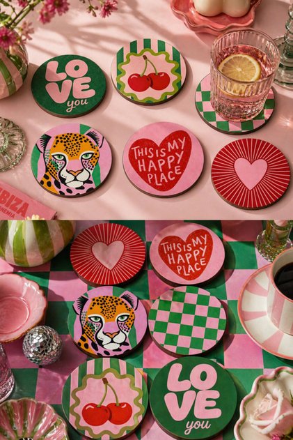 Retro & Pop Art Patterned Coasters Set of 6 – 9 Cm, 3 mm Mdf, Uv Printing Decorative Coasters