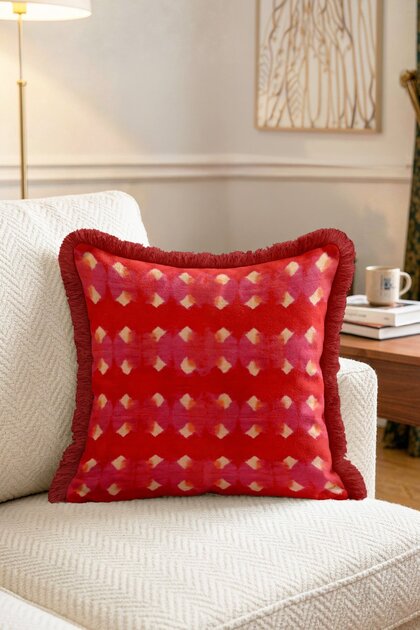 Baklava Patterned Fringed Throw Pillow Cover - Red Tassel Sofa Cushion Cover