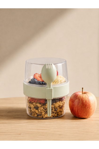 Mint Yeşili Çatallı Kaşık Atıştırmalık Yemek Yoğurt Müsli Diyet Kabı Taşınabilir Pratik 400 ml Saklama Kabı Kaşıklı