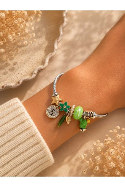 Green Cactus Charm Bracelet Women's Steel Bracelet with Gold Detail, Stylish Bracelet with Clover and Star Figures