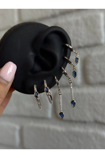 Çelik Silver Lacivert Çubuk Detay 6 Lı Küpe Seti