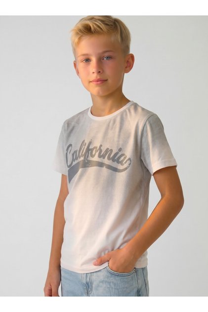 Boys' White Short Sleeve Crew Neck Flexible Basic T-Shirt with Gradient Effect California Print - Daily Use