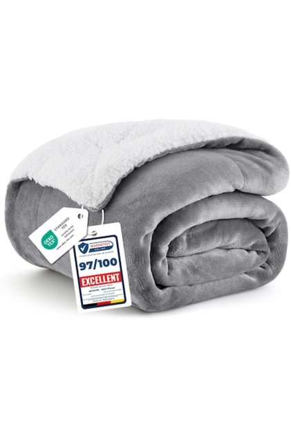 Patura 2 în 1 din fleece Sherpa, 150x200 cm, microfibră, gri, pufoasă, pentru canapea sau pat