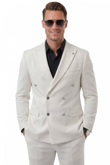 Men's White Slim Fit Double Breasted Suit with Lycra Striped Textured Metal Buttons 2600820