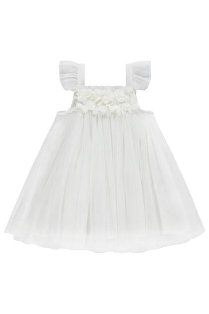 Chiffon Floral Appliqué Dress for 2-5 Years - Ecru