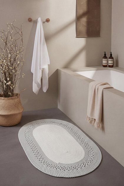 Luke White Gray Oval Single Double-Sided Use Hand-Woven Washable Balcony Bathroom Door Mat