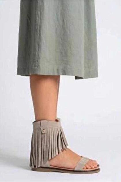 Women's Suede Leather Tan and Beige Tassel Bohemian Suede Sandals