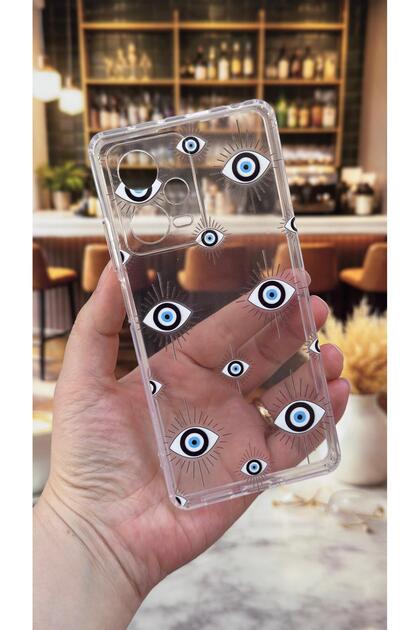 Redmi Note 12 Pro 5g Compatible Evileye Patterned Transparent Shock Absorbing Clear Case with Camera Protection