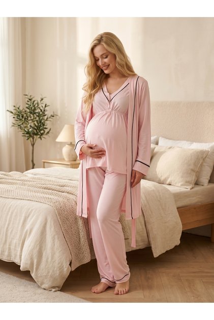New Season Pink Summer Nursing Pajama Set with Special Design Ribbed 100% Cotton Maternity Pajama Set 3-Piece Set