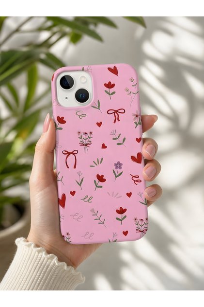 iPhone 13 Compatible Stylish Romantic Heart Ribbon Design Protective Silicone Case Pink