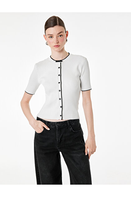 Contrast Bow Detail Short Sleeve Crew Neck Buttoned Knitwear Cardigan