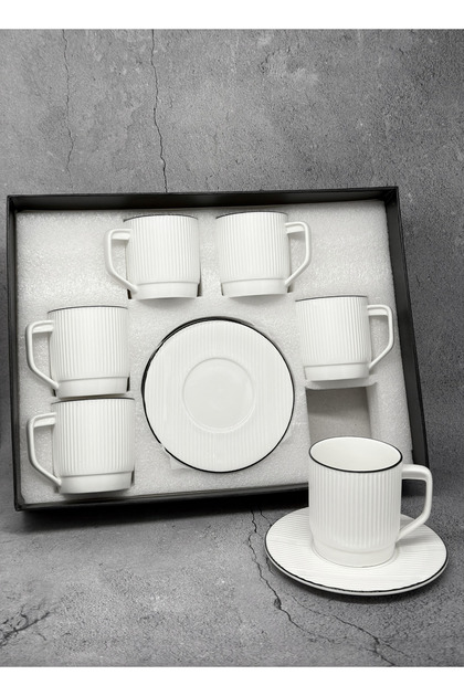 Striped Milk Cup Set 180ml Porcelain 12Pcs Black Line with Saucer High Grade and High Quality