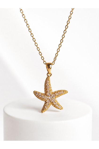 Women's Gold Color Starfish Pendant Necklace with Zircon Stone Detail, Stylish Minimal Steel Chain Figured Necklace