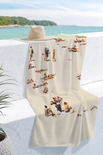 Beach Towel with Coastal Theme Figures - Minimalist Beige Modern Pool Sea Quick-Dry Microfiber Towel