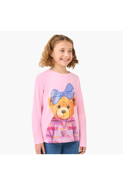 Girls Crew Neck T-shirt with Bear Print - Cotton - Long Sleeves
