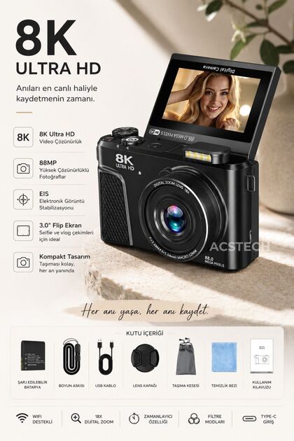 ACSTECH 8K Dijital Fotoğraf Makinesi 88MP | WiFi Bağlantı | 3.0