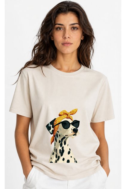 Retro Dog Printed T-Shirt with Orange Bandana and Glasses