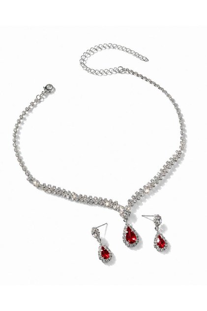 Women's Fashionable Silver and Red 3-Piece Accessory Set, Featuring a Necklace and Earrings with Sparkling White and Red Rhinestones, Suitable for Parties and Evening Events, Not Including Packaging.