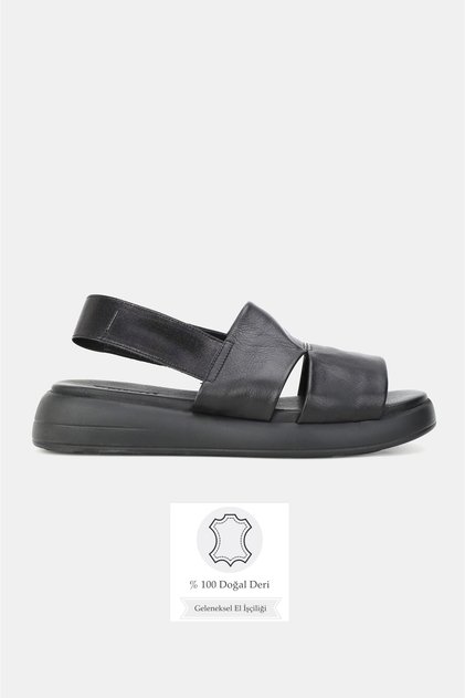 Women's Black Genuine Leather Strappy Flat Sole Daily Sandals