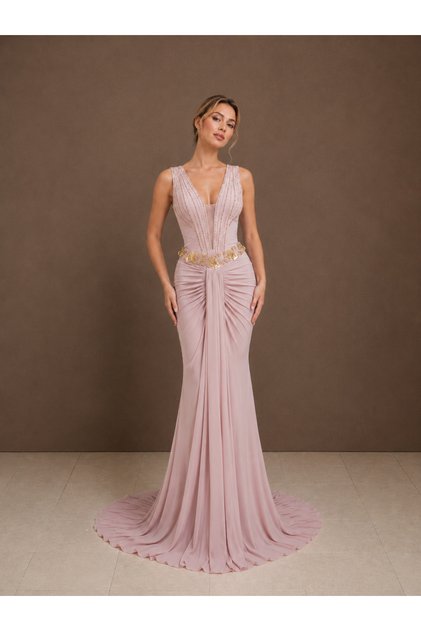 KADIN ABİYE V YAKALI GOLD İŞLEMELİ ŞİFON DRAPE VE KUŞAKLI ŞIK UZUN GECE DAVET ELBİSE