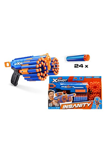 Blaster X−Shot Insanity Manic ZURU, 24 Darturi Inclus, Tambur Rotativ, Raza de Act