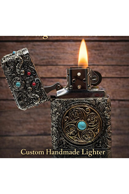 Turan Lighter Chief Antik Kabartmalı Turkuaz Taşlı Benzinli
