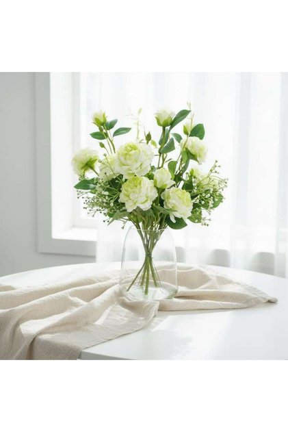 Artificial Rose Bouquet In Glass Vase H43cm - Green