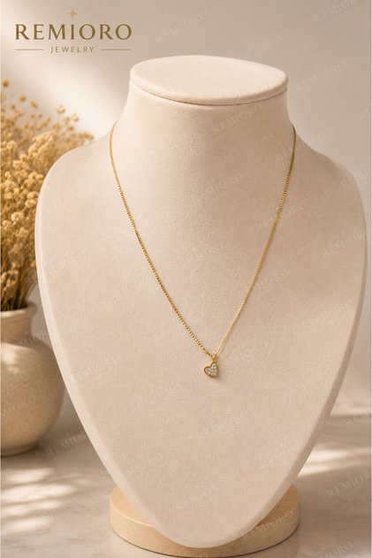 Colier Damă Placat cu Aur 14K, Lanț 50 cm cu Pandantiv Inimă 1 cm și Cristale Zirconiu, Elegant și Minimalist