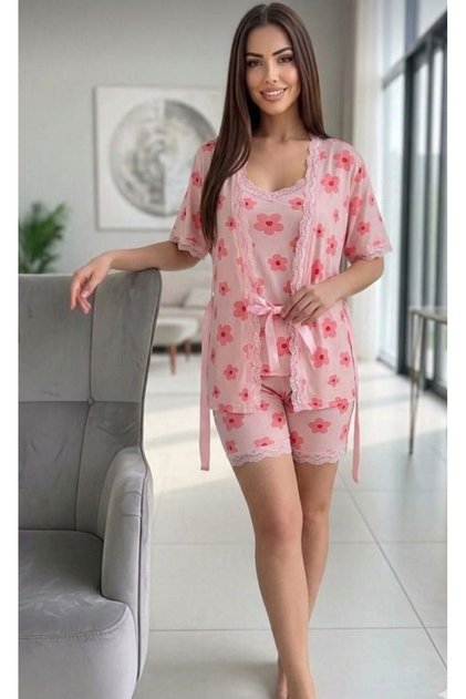 Mooda 3-Piece Lace Detailed Milan Lycra Shorts Kimono Pajama Set